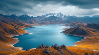 阴天秋日高山蓝色湖泊