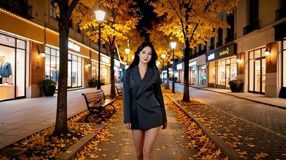 金秋时节在商业步行街散步的美女