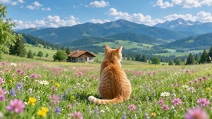花田橘猫眺望远山风景