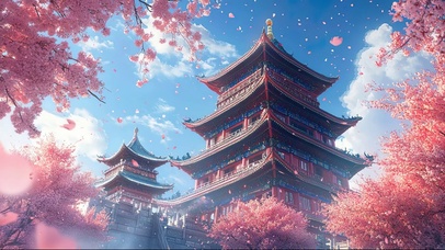 仰望春日粉色樱花古塔