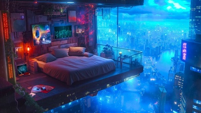 雨夜科幻城市阁楼卧室