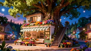 夜景花店树下景色