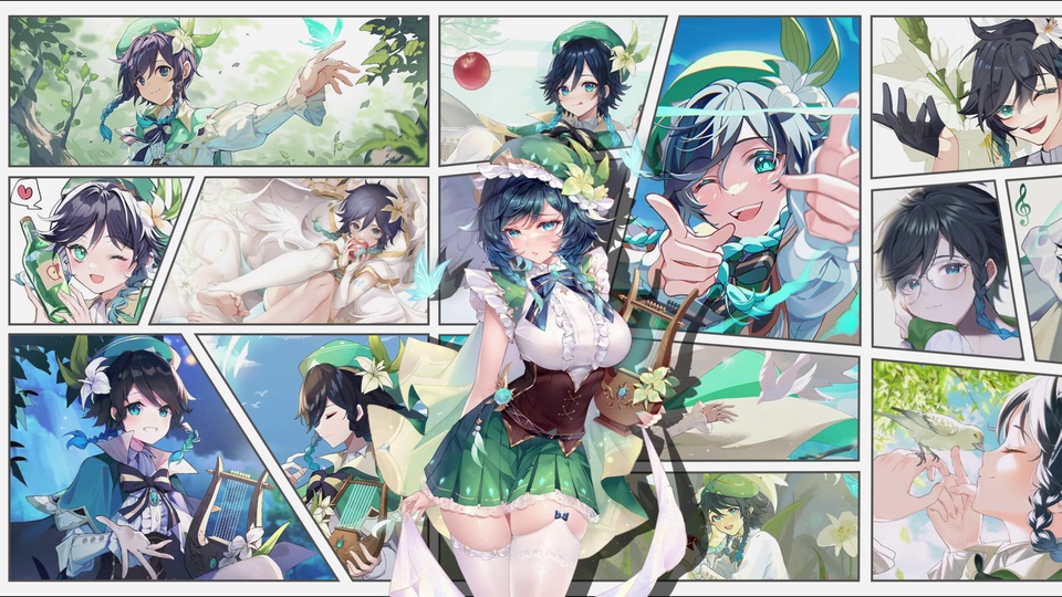 横版二次元插画，以多格漫画拼贴形式展现原神角色温迪的不同造型神态，主色调为青绿、米白与浅棕。
