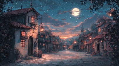 静谧圆月星空小镇夜晚