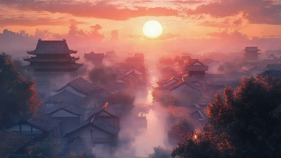 晚霞云雾朦胧古城风景