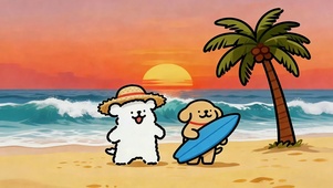 线条小狗沙滩冲浪
