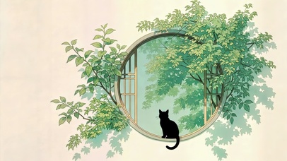 枝叶绕圆窗 猫偷半日闲