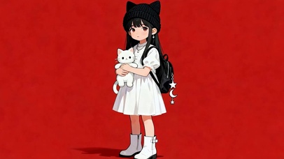 猫耳女孩抱着萌宠