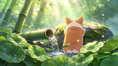 竹林流水纳凉的呆萌柯基