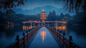 古塔公园湖泊夜景