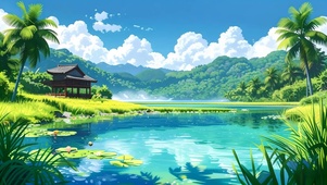 清新绿色护眼山水小屋