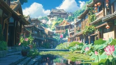 蓝天白云古镇荷花池塘