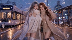 雪夜电车旁的闺蜜美少女