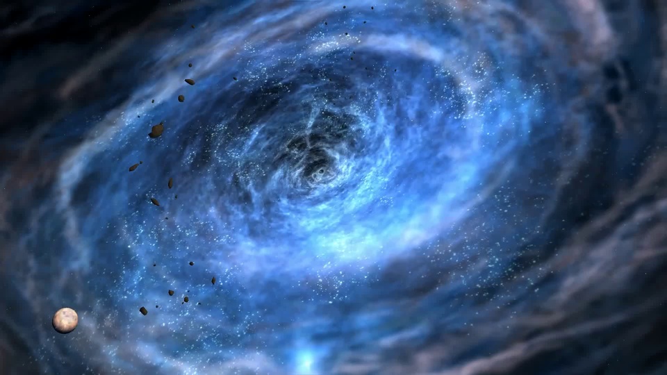 蓝调螺旋星云、星球与小行星构成的宇宙深空场景