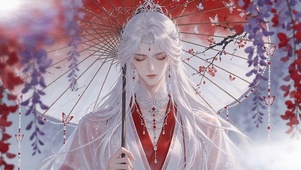 紫藤花下执伞白发少年