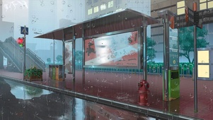 唯美雨中公交车站