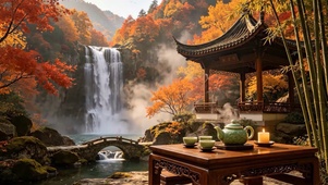 秋天山谷瀑布木亭品茶