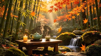 唯美竹林落叶溪流