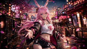 粉色兔耳美少女樱花街漫步