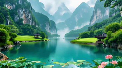 绿色护眼山水荷花