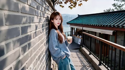 景区长廊购物小屋前喝咖啡美女2