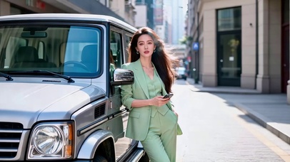 靠在吉普旁边的长发美女