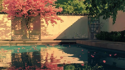 园林庭院池塘粉色花瓣