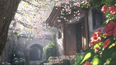 樱花园林庭院午后光影