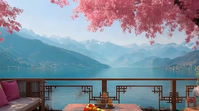 樱花树木河流带鱼屏