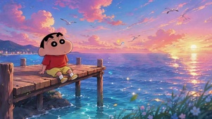 海边落日下的蜡笔小新