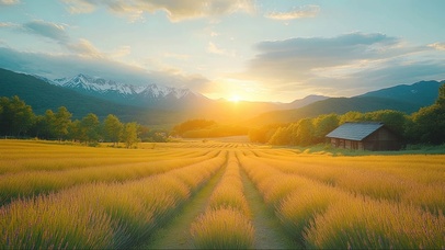 静谧落日花海小屋