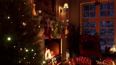 夜晚雪天壁炉圣诞屋
