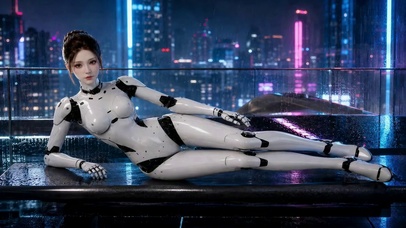 赛博雨夜都市机械美女