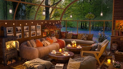 绿林花草雨天木屋