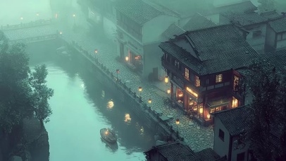 朦胧云雾雨天古城酒馆