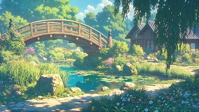 清新绿色荷塘拱桥