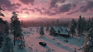 粉色朝霞雪山小屋