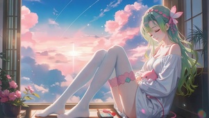治愈绿发少女窗边小憩