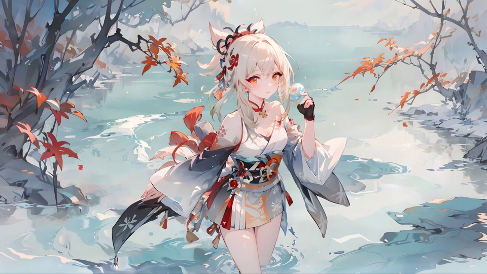 浅金短发橙眼的宵宫站在秋日河畔浅水中，身着和风短款服饰，两侧橙红枫叶树旁是雾感淡青蓝色的远景山水。