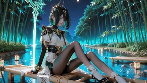 夜间湖泊竹林女孩奈芙尔