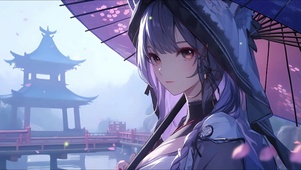 二次元少女撑伞可爱治愈图