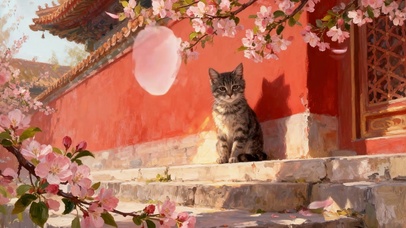 红墙桃花树下田园猫享受风的温度