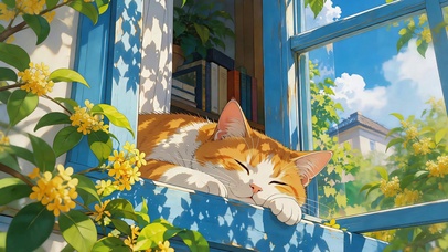 金桂窗边酣睡小猫