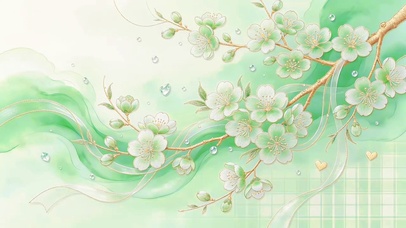 小清新薄荷绿桃花柔雾意境