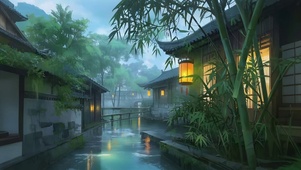 雨天竹林小镇