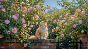 花墙之上的可爱橘猫
