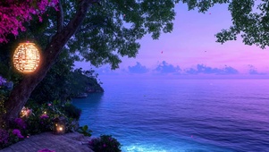 晚霞海景树木带鱼屏