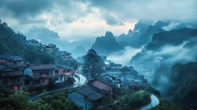 青山阴天山脚古城小镇