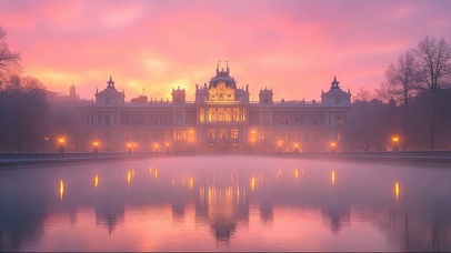 粉色朝霞湖畔宫殿