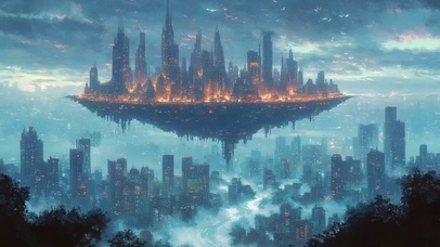 阴天云朵高空悬浮城市